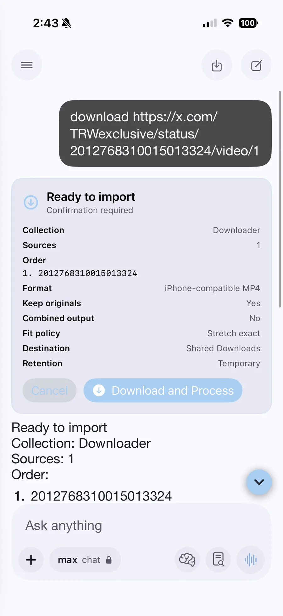 A download confirmation card showing collection, sources, format, destination and retention before anything runs.