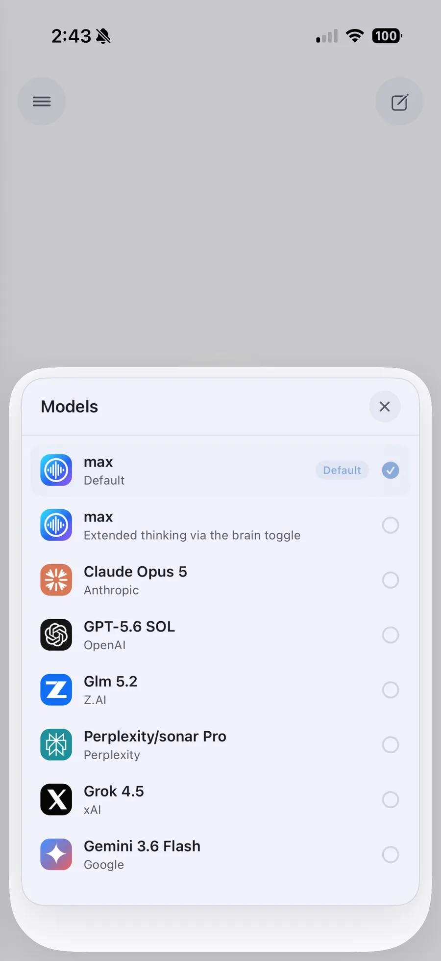 The iOS model sheet listing the local Max model as default alongside governed cloud models.